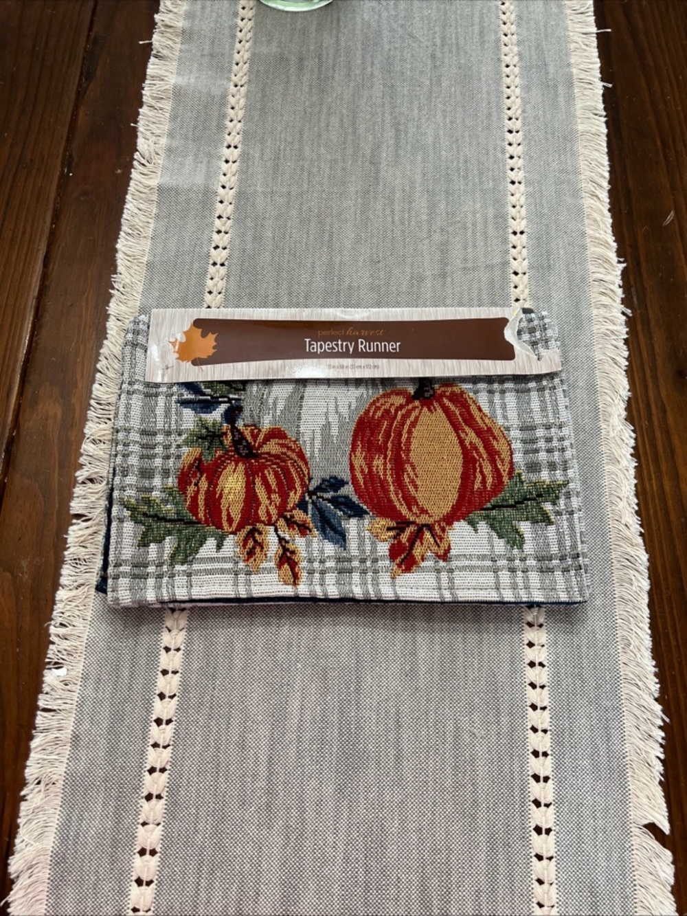 Perfect Harvest Tapestry Table Runner Plaid With Pumpkins 13 x 68 Inches NWT